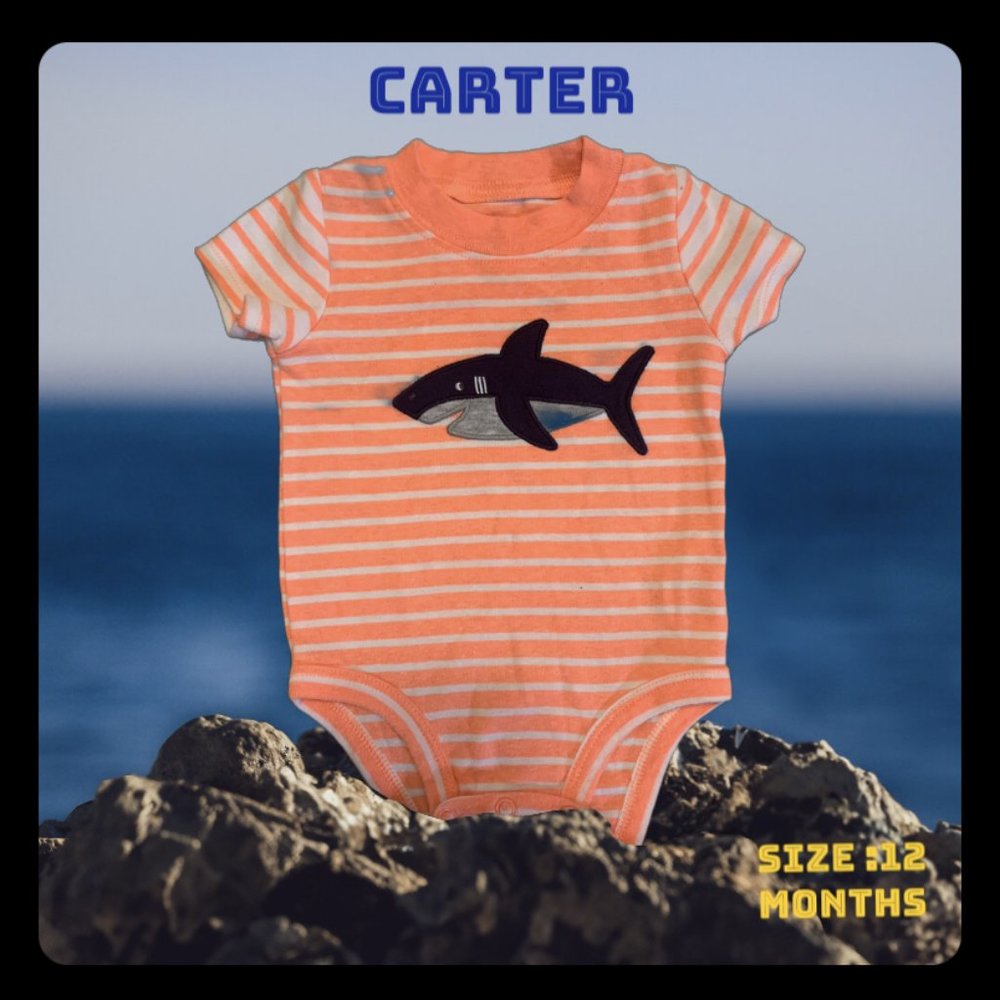 CARTERS SHARK FISH THEMED BABY BODYSUIT ORANGE LINED SIZE 12 MONTHS